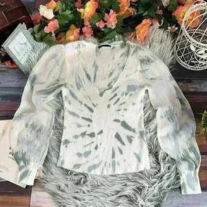 Maven West Gray Tie Dye knit Sheer Sleeve Plunge Neckline Folk Lore Top, S